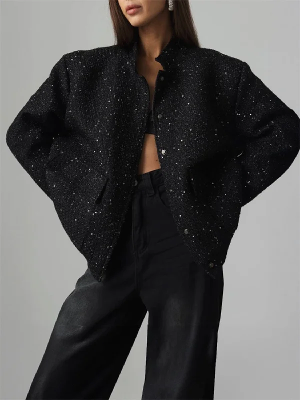Noble Temperament Sequin Detail Pocketed Long Sleeve Jacket
