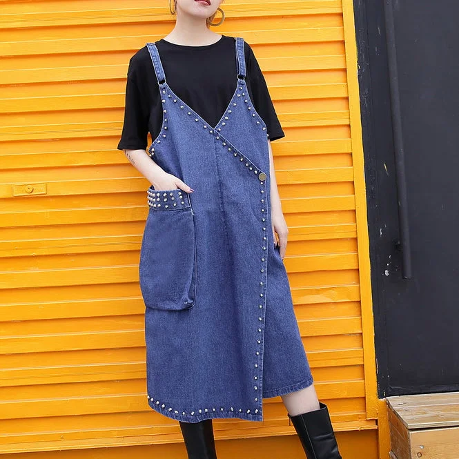 Girl Style stylish denim blue Midi-length cotton dress Loose fitting cotton maxi dress Fine rivet decorated sleeveless knee dresses Girl Style stylish denim blue Midi-length cotton dress Loose fitting cotton maxi dress Fine rivet decorated sleeveless knee dresses