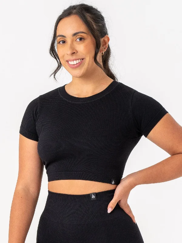 European And American Style Rib Seamless T-Shirt - Black