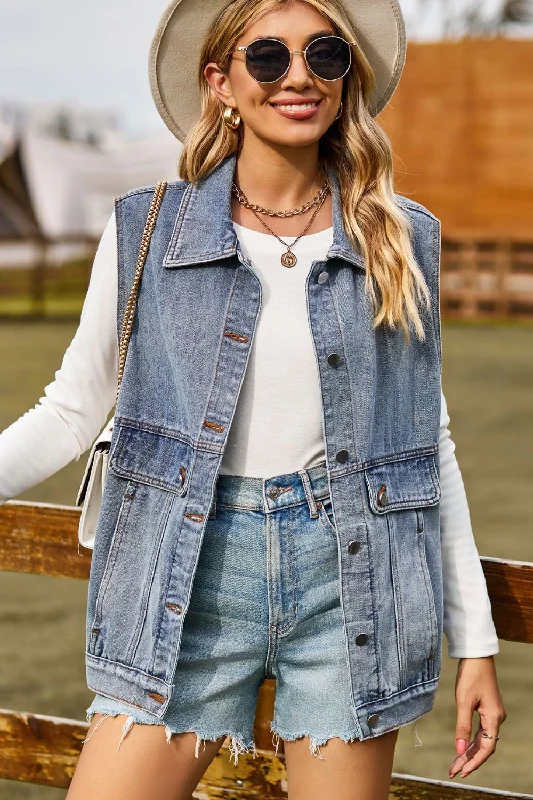 Warm Atmosphere Sleeveless Collared Neck Denim Top with Pockets