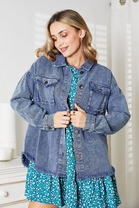Classic Style HEYSON Full Size Mineral-Washed Button-Down Denim Jacket
