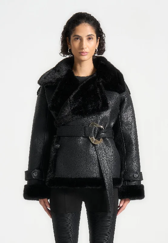 Bright Colors Leather and Plush Wrap Belted Jacket - Black
