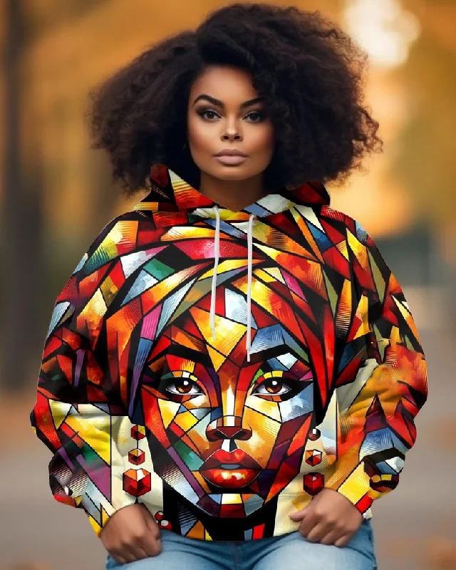 Fresh And Natural Colorful Black Women Cubism Art Long-sleeved Hoodie