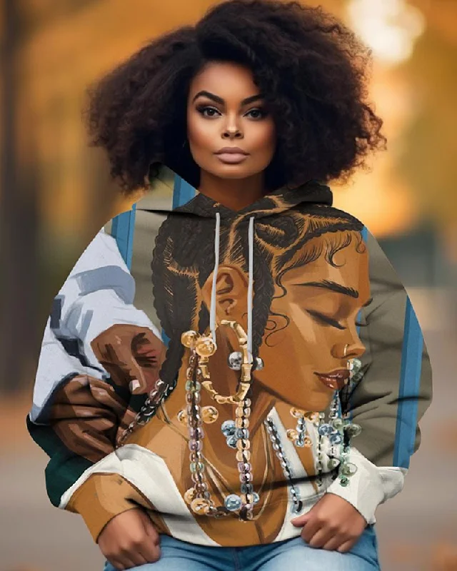 Embroidered Letters Black Girl's Dirty Braid Oil Painting Printed Hoodie