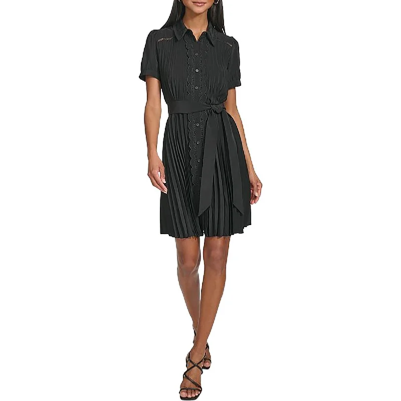 Designer Style Karl Lagerfeld Paris Womens Pleated Lace-Trim Mini Dress