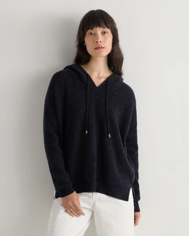 Luxury Temperament Women's Honeycomb Hooded Cashmere Sweater Navy Blue