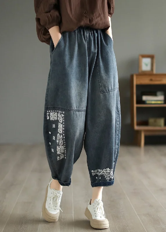 Slightly Flared Design Handmade Blue Embroideried Patchwork Pockets Denim Harem Pants Summer Slightly Flared Design Handmade Blue Embroideried Patchwork Pockets Denim Harem Pants Summer