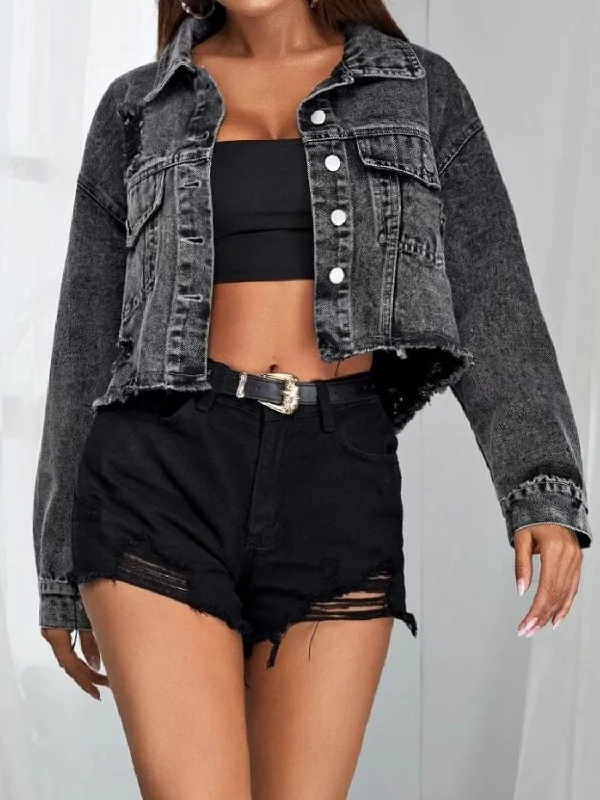 Noble And Elegant Collared Neck Dropped Shoulder Button-Down Denim Jacket