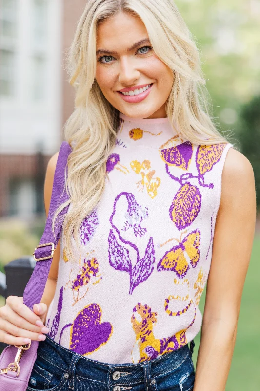 Noble Temperament Fate: Tell It All Purple Printed Sleeveless Sweater