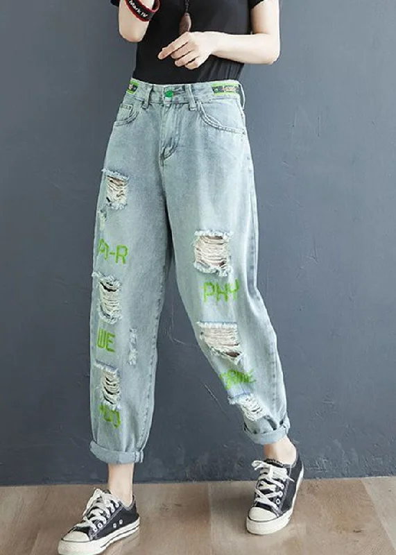 Fashion Light Blue Letter Embroideried Pockets Hole Cotton Denim Crop Pants Summer