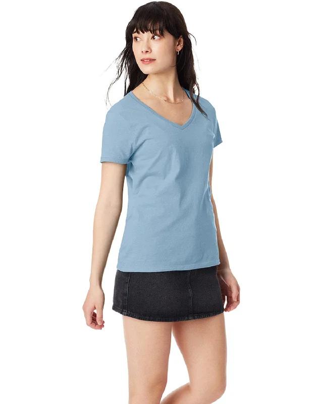 Bottom And Versatile Hanes Ladies Ringspun Cotton Nano V-Neck T-Shirt | Light Blue