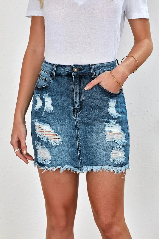 Classic Series Distressed Raw Hem Denim Mini Skirt