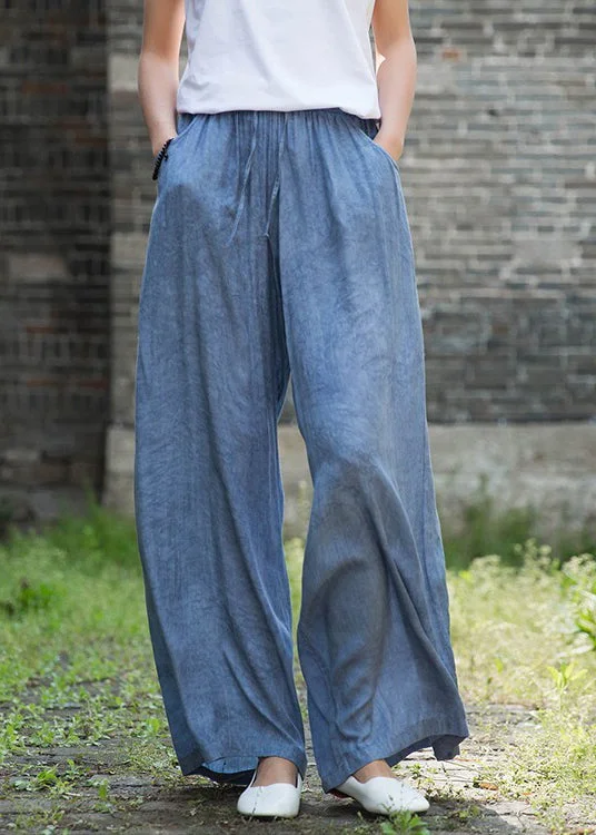 Sweet Girl Plus Size Denim Blue Elastic Waist Pockets Cotton Straight Pants Fall