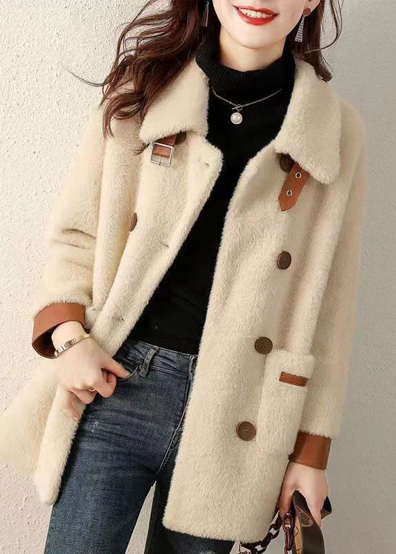Noble Temperament French Beige Peter Pan Collar Pockets Patchwork Faux Fur Coat Fall