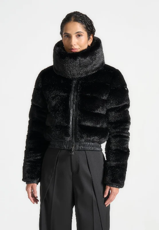 Youthful Plush Ribbed Jacket with Neck Scarf - Black