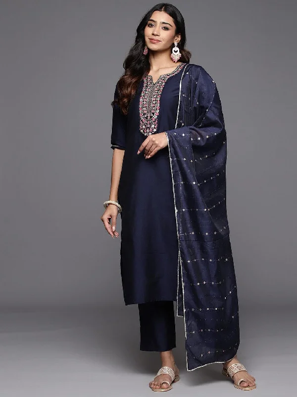 Blue Yoke Design Silk Blend Straight Suit With Dupatta