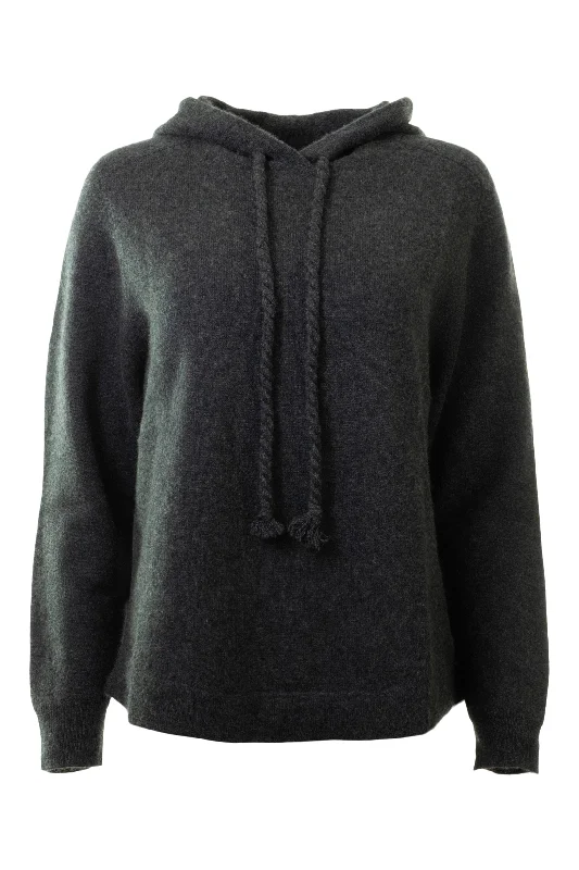 Feminine Charm Repeat Cashmere Hoodie with Twisted Drawstring Detail in Charcoal