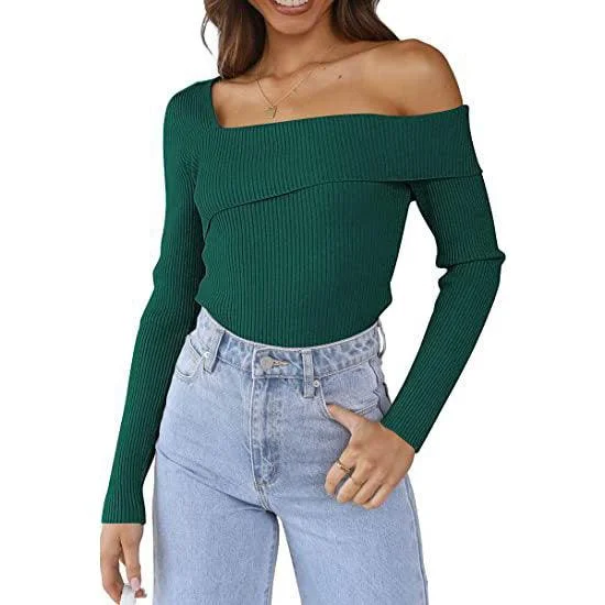 European And American Autumn Leisure Long-sleeved Slim Off-shoulder Knitted Sweater Pullover Top