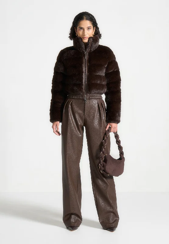 Slim Fit Plush Ribbed Jacket with Neck Scarf - Brown