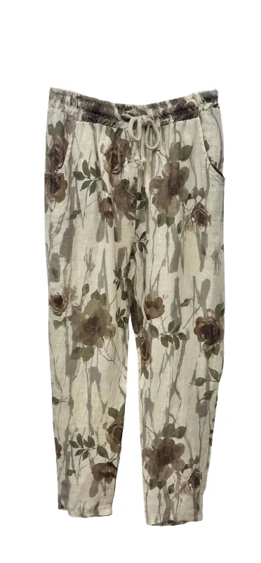 Playful Style Women's Rose Print Drawstring Joggers In Beige Floral