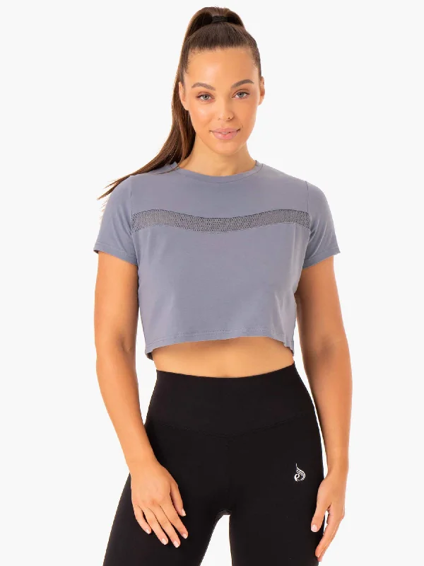 Ethnic Style Hybrid Mesh Tee - Steel Blue