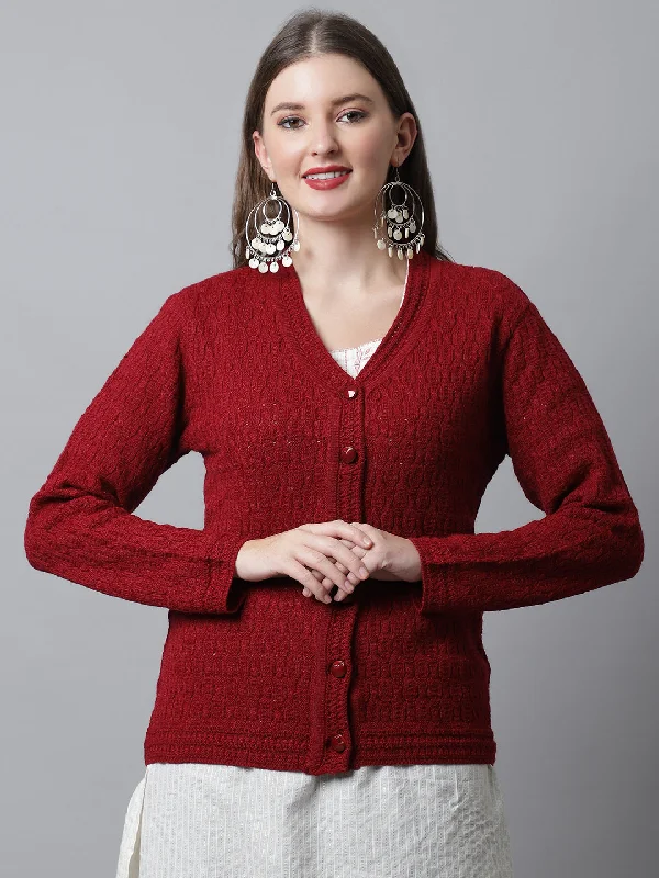 Elegant And Casual Women's Casual  Maroon V neck Cardigan Sweater