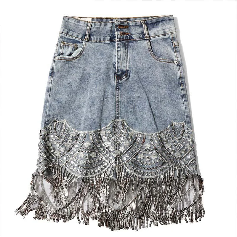 Denim Mini Skirts High Waist Blue Hip Jeans Beading Tassel Skirt