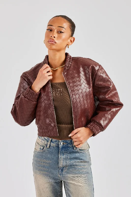 Urban Sense PU Lattice Bomber Jacket - Chocolate