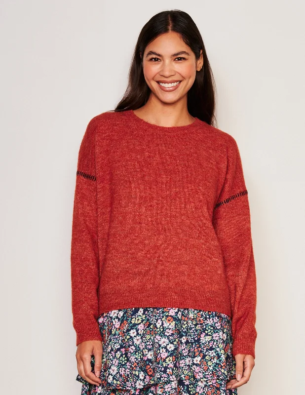 Celebrity Style Sundry Baseball Stitch Crew Neck Sweater in Red Rock