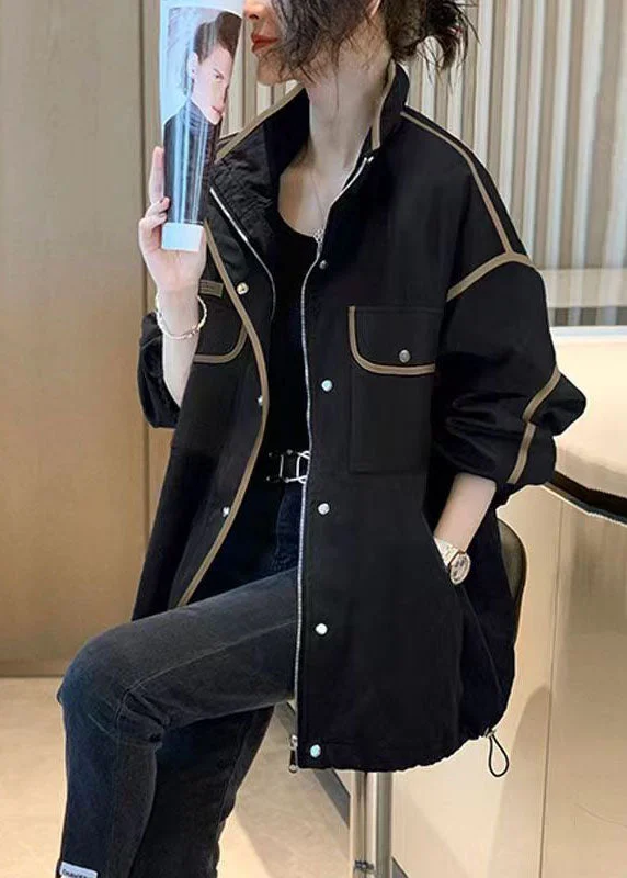 Floral Prints Boutique Black Stand Collar Zip Up Pockets Patchwork Cotton Jacket Fall