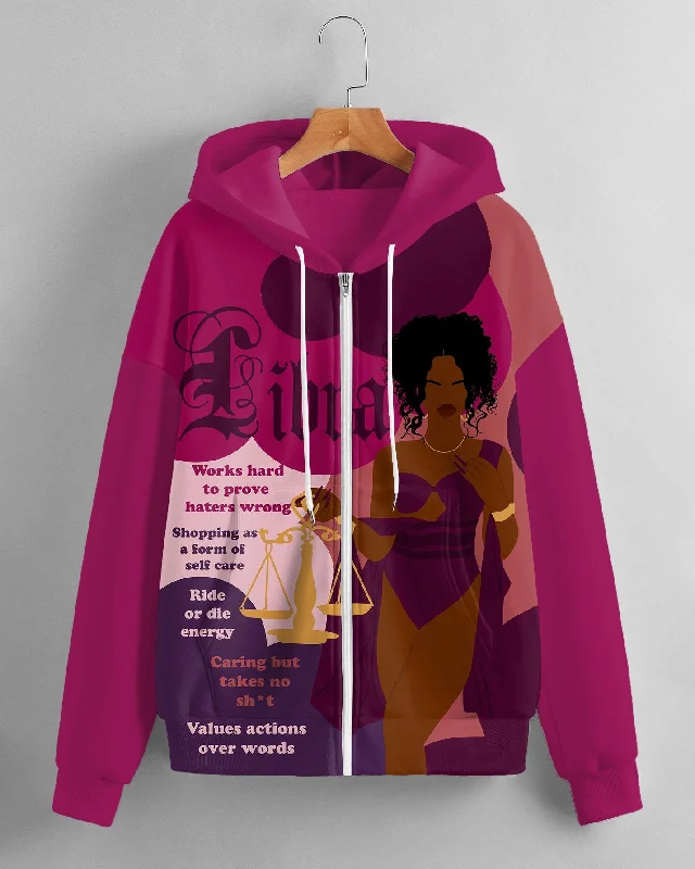 Girl Style Women's Fashion Daily Black Libra Women Print Long Sleeve Zipper Hoodie