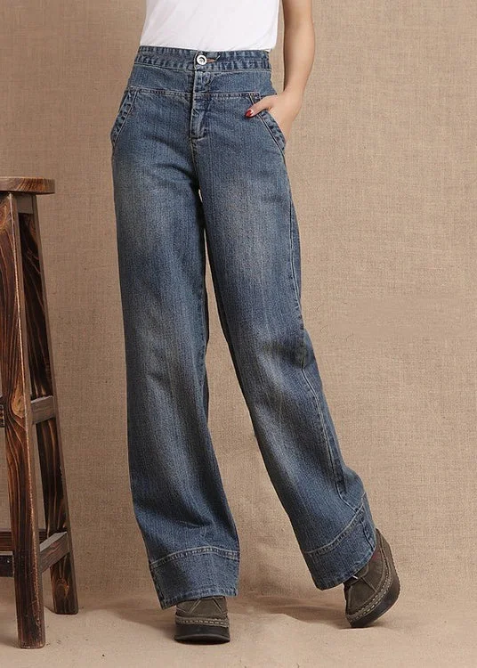 Unique Denim Blue Pockets High Waist Cotton Wide Leg Pants Fall