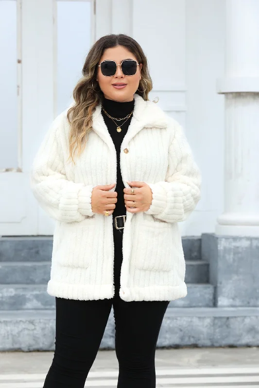 End Of The Year Plus Size Fuzzy Collared Neck Long Sleeve Jacket