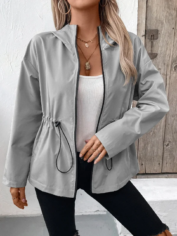 Simple Solid Color Ivy Lane Drawstring Zip Up Hooded Jacket