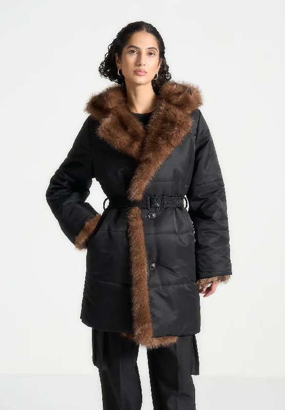 Classic Fur Longline Belted Coat - Black