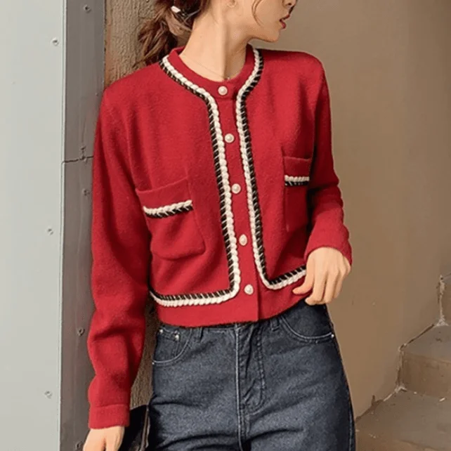 Top Women's Sweater Short Style Red Knitted Sweater Cardigan Coat