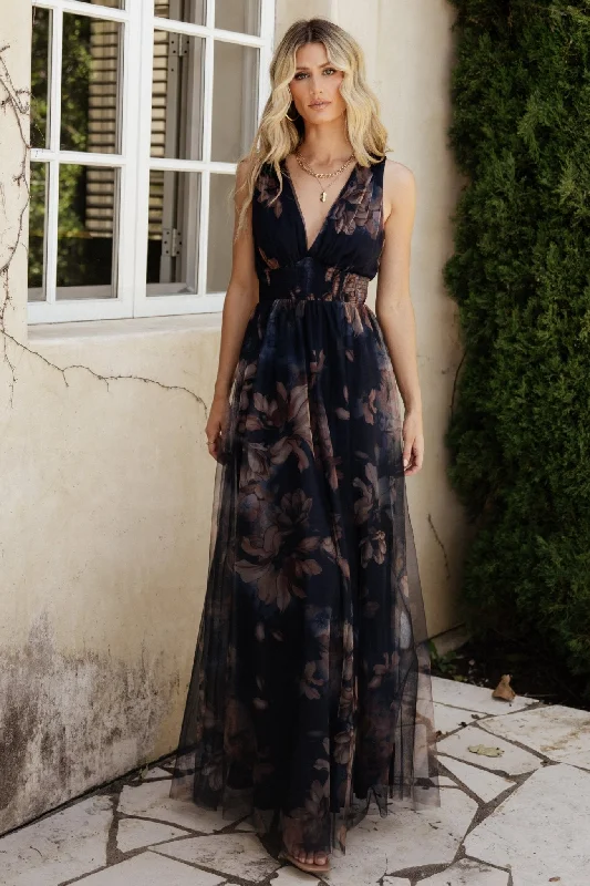 Girl Style Kamila Tulle Maxi Dress | Dark Blue Floral