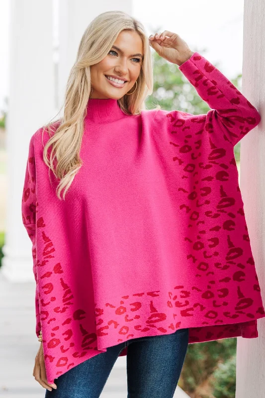 High-end Design All In Theory Fuchsia Pink Leopard Sweater Tunic