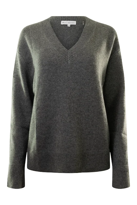 Casual Style White & Warren Cashmere Vneck Sweater in Graphite Heather