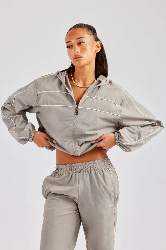 Nightclub Style Nylon Full Zip Through Hooded Jacket - Light Grey