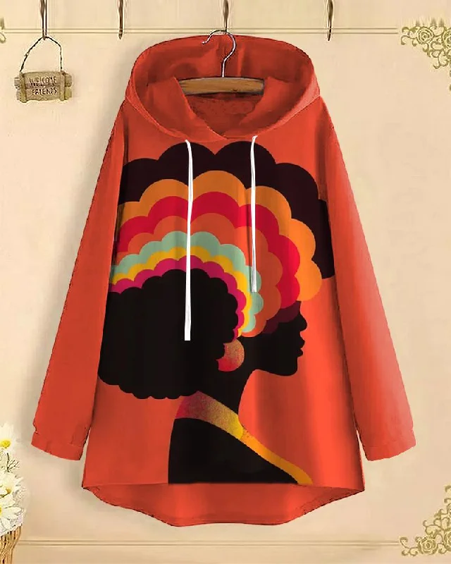 Celebrity Style Retro Ethnic Portrait Long-Sleeved with Loose Hem Hoodie