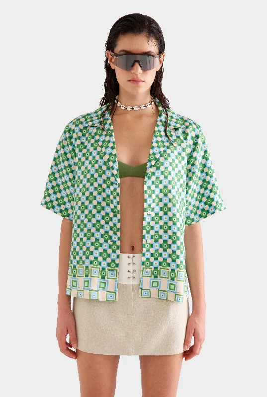 High-end Fabrics Relaxed Silk Camp Collar Shirt -  Blue/Green Geo