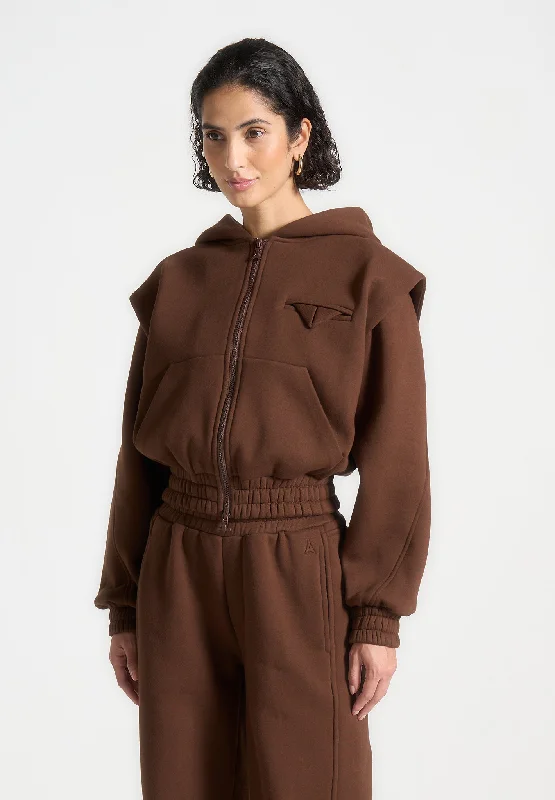 Luxury Temperament Éternelle Wide Shoulder Zip Through Hoodie - Brown