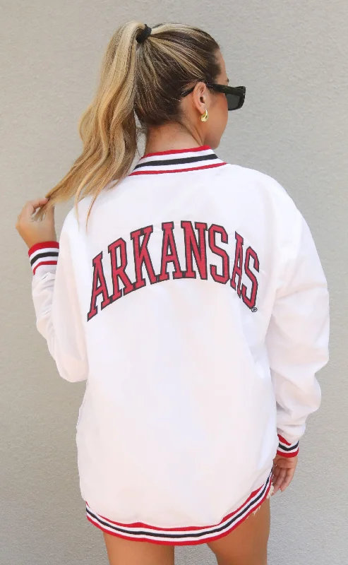 arkansas leaning hog varsity jacket - white