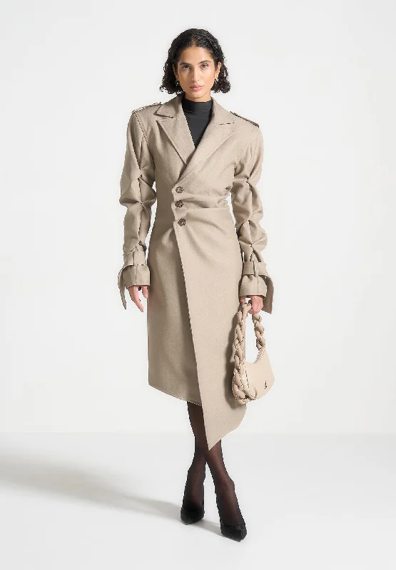 Unique Design Tacked Sleeve Asymmetric Tailored Trench Coat - Beige