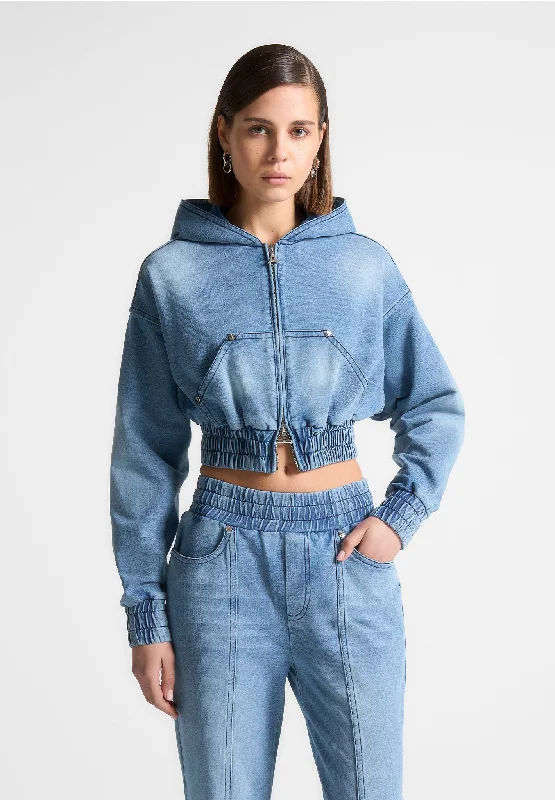 Sports Design Washed Denim Jersey Hoodie - Mid Blue