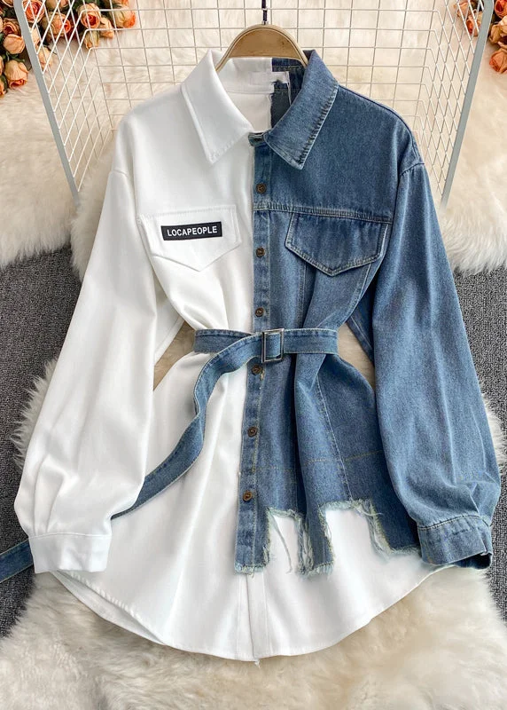 Celebrity Style White Asymmetrical Tie Waist Denim Shirt Long Sleeve