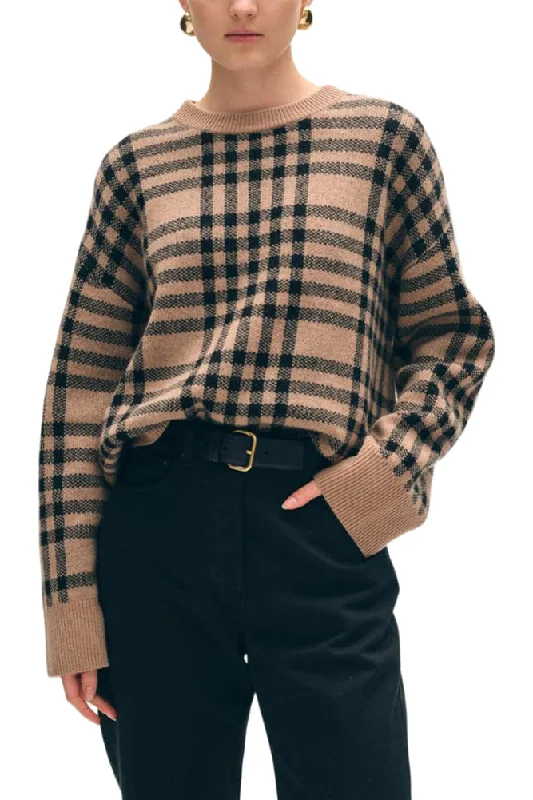 Dessert Matching White & Warren Cashmere Plaid Crewneck in True Camel - Black