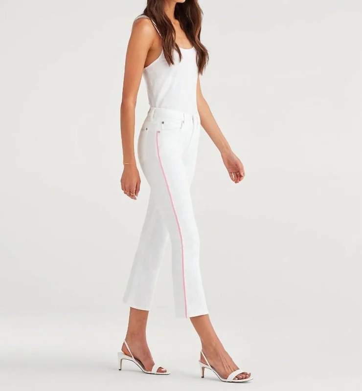 Carefree Style High Rise Flare Crop Piping Jeans In White, Pink