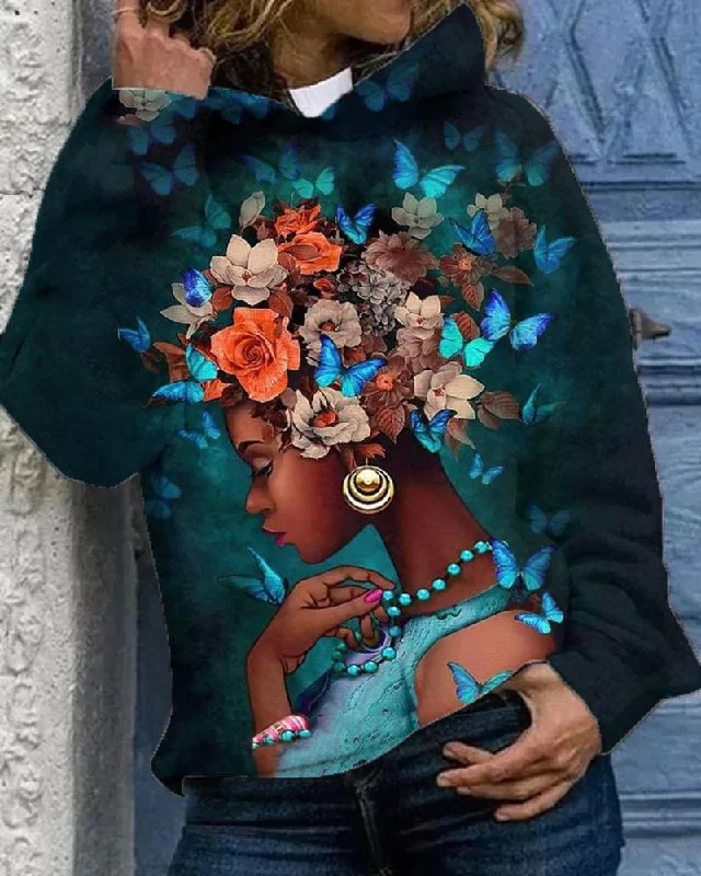 Casual And Comfortable Rose Butterfly Brown Girl Long Sleeves Hoodie